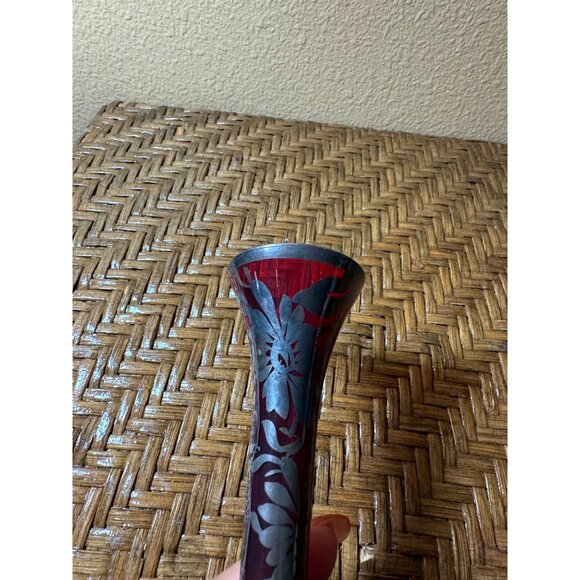 Vintage Bohemian Ruby Red Glass Vase Silver Overlay Floral Design Clear Base - Picture 7 of 9